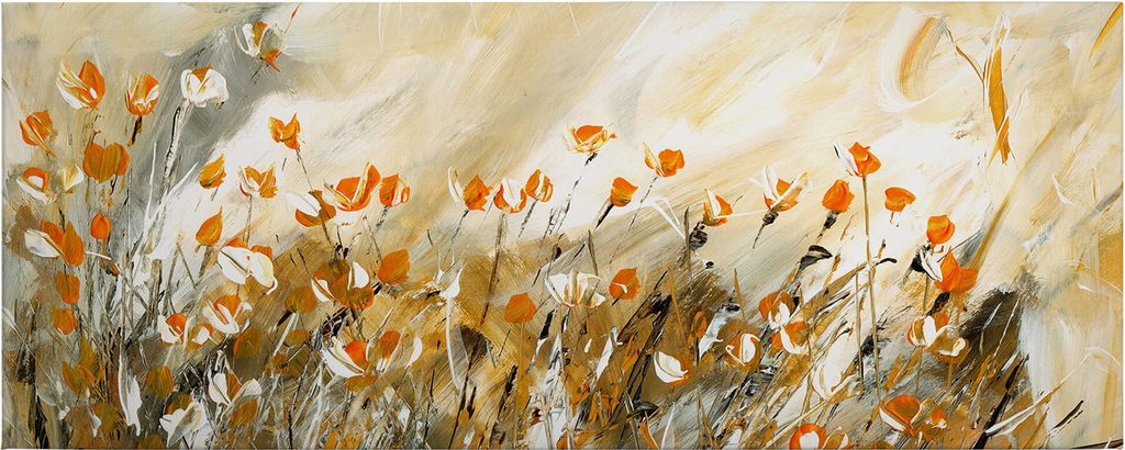 Leinwandbild Kunst 40 x 100 cm - Wandbild Grün Orange - Keilrahmen Natur Floral Wohnzimmerdeko Wanddeko Wandgemälde