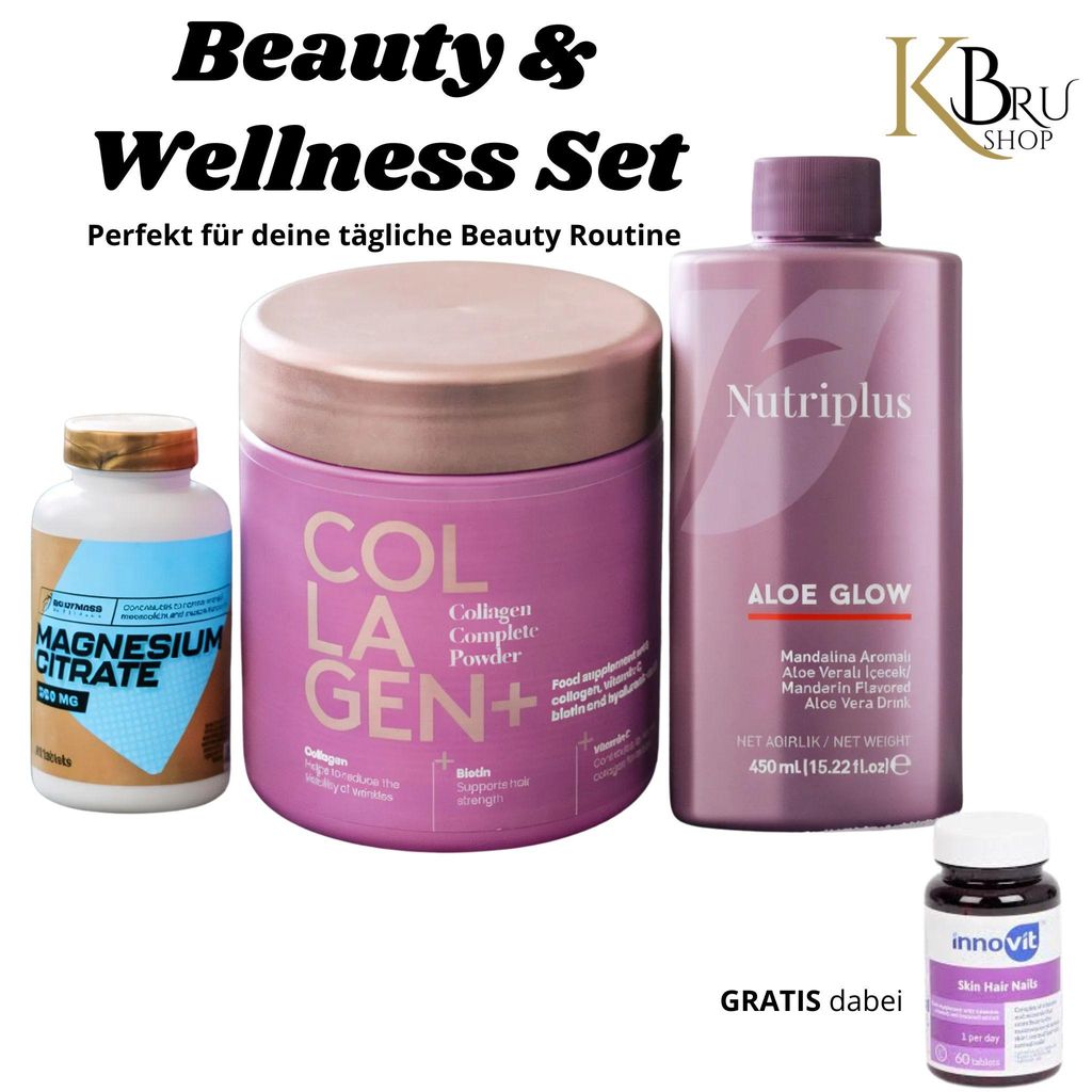 Beauty Kur Set – Kollagen Pulver, Magnesium 200 mg, Aloe Vera Konzentrat – Wellness Geschenkset + GRATIS Skin Hair Nails I KBruShop