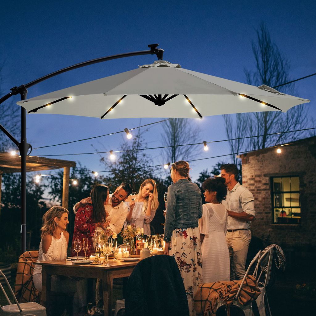 Sekey Ampelschirm 300 cm mit 24 Solar-LED, UV50+, Ständer & Kurbel für Balkon und Garten, Creme