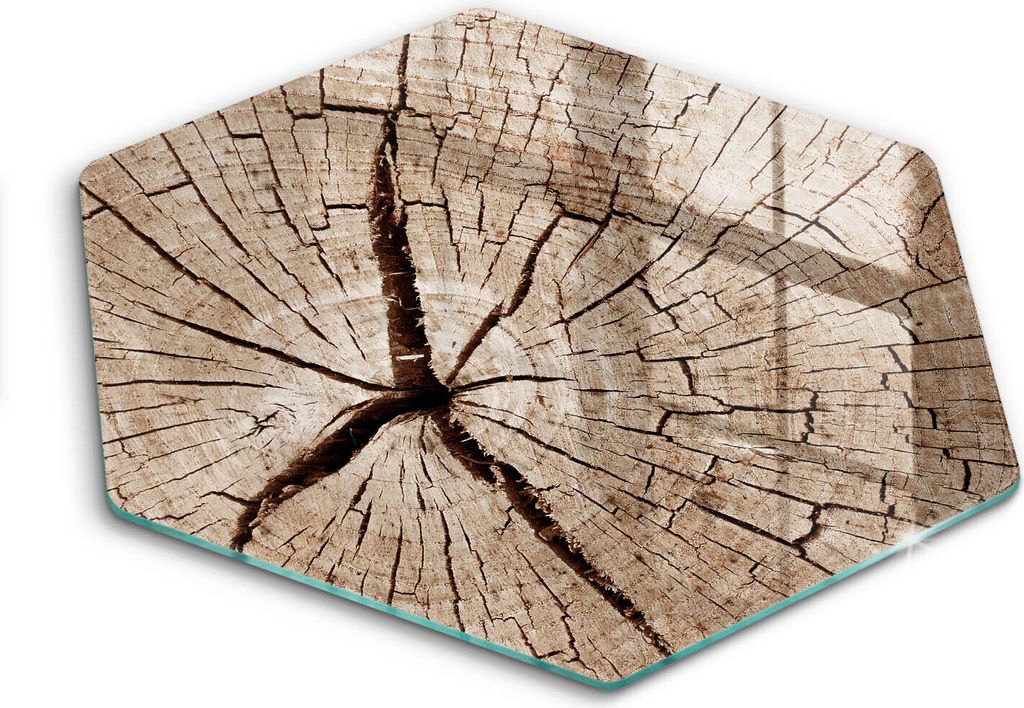 Glasschneideplatte - Herdabdeckplatte - Hexagon 40 cm -Schneidebrett - Spritzschutz - Baum