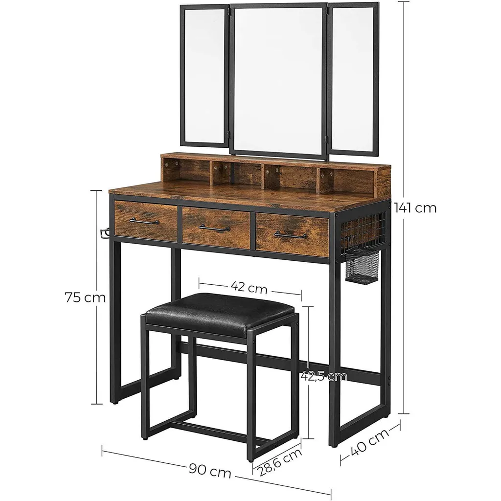 Coiffeuse Design Industriel Marron Rustique avec Grand Miroir et Assise - 3
