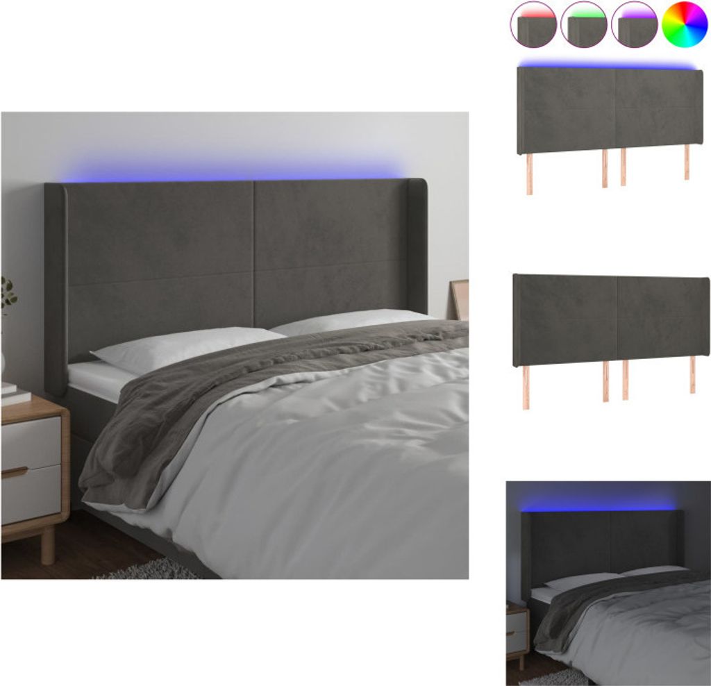 vidaXL LED Kopfteil Dunkelgrau 203x16x118/128 cm Samt - Kopf- & Fußenden