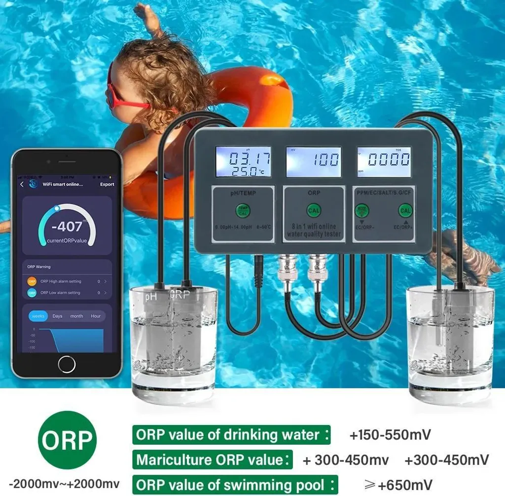 Testeur d'eau 8 en 1 Bluetooth avec Mesure de Salinité et Densité SG - 8