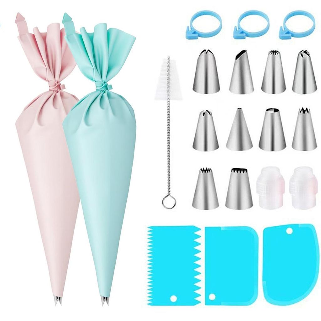 Spritzbeutel Set 40-teilig komplett, mit 10 Edelstahl Tüllen, Einweg & Silikon Spritzbeutel, Adapter & Schaber, Garnierset für Kuchen & Cupcakes