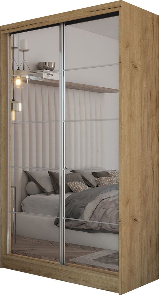 Masseno Schiebetürenschrank FIORELLA 120 cm Kleiderschrank Schlafzimmer Schrank 2-türig mit Spiegel Eiche Artisan