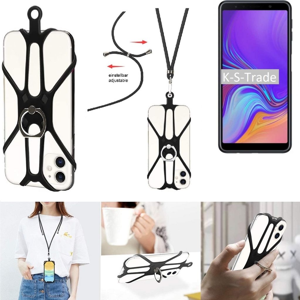K-S-Trade 3in1 Handykette Handyband Handykordel Halsband Smartphone-Ring Handy-Ring kompatibel mit Samsung Galaxy A7 (2018) Fingerhalterung Handyring