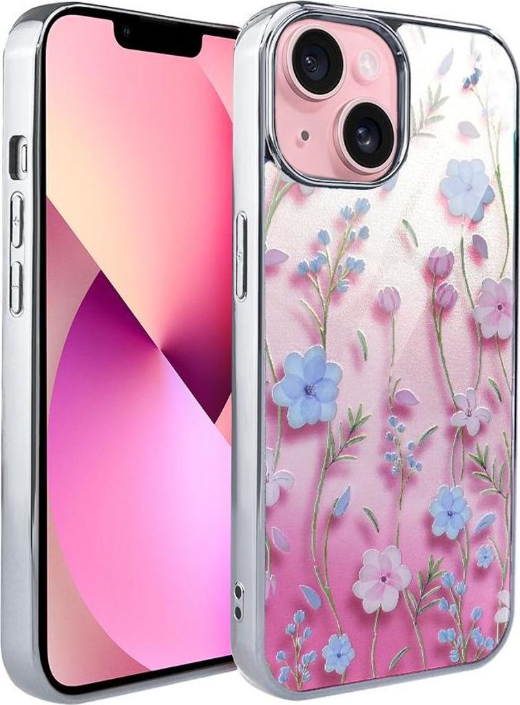 IBIZU Elite Glass 3D iPhone 15 Hülle, Glasrückseite, Sommerblumen bei Sonnenuntergang, Silber