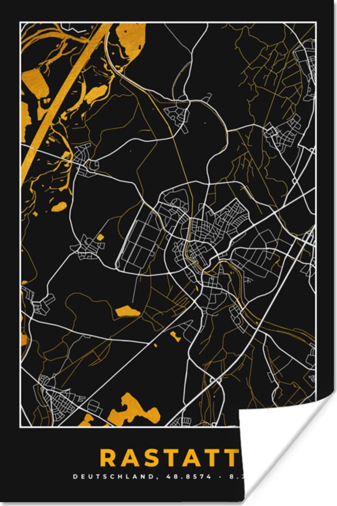 MuchoWow Poster Deutschland - Schwarz und Gold - Rastatt - Stadtplan - Karte 40x60 cm - Plakate für die Wand - Poster Babyzimmer