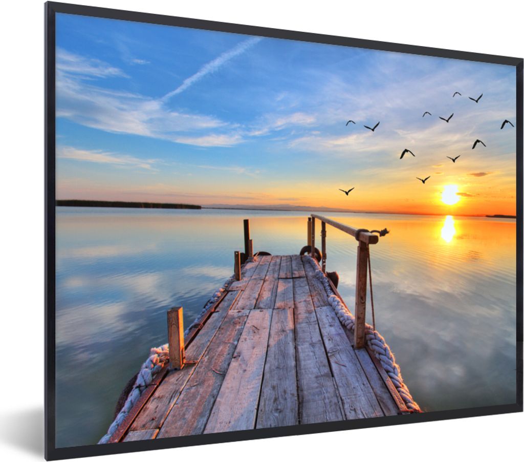 MuchoWow Gerahmtes Poster Wasser - Steg - Vögel - Sonnenuntergang - Horizont 40x30 cm - Poster mit Schwarzem Bilderrahmen Wandposter Rahmen Foto...