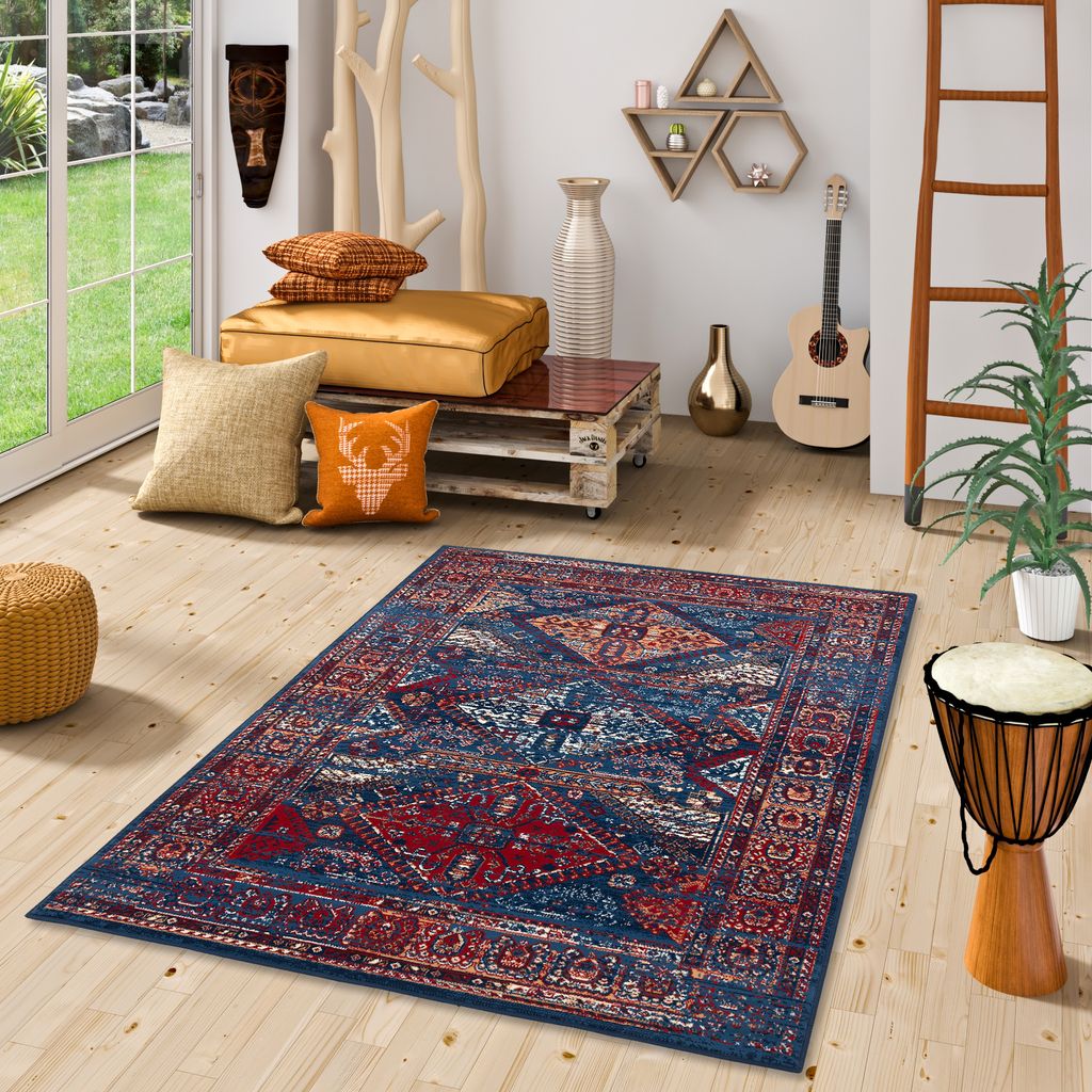 Designer Teppich Pop-Vintage Orient Blau Rot Bordüre, Größe:120x170 cm