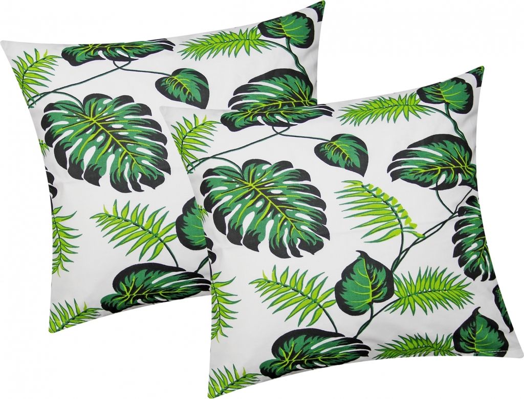 Renforcé Kissenbezug - 2er Set in 40x40cm - Tropische Blätter in grün und weiß - Kopfkissen-Bezug, Kissenhülle, Dekokissenbezug aus 100% Baumw...