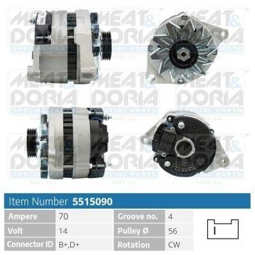 MEAT & DORIA 5515090 Lichtmaschine Generator LiMa 70A 14V passend für PEUGEOT 205 II (20A/C) J5 Pritsche/Fahrgestell (280L) J5 Pritsche/Fahrgestell