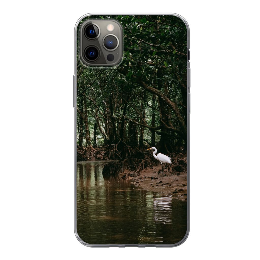 MuchoWow Handyhülle Schutzhülle Hülle für iPhone 13 Pro Max Reiher - Wald - See Silikon Softcase Handy Hülle - Mobiltelefon