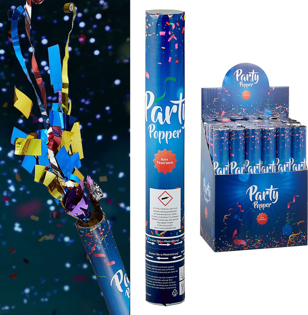 12er Set Party-Popper De Luxe 30cm Konfettikanone Folien-Luftschlangen Konfettiregen Geburtstag Silvester Party