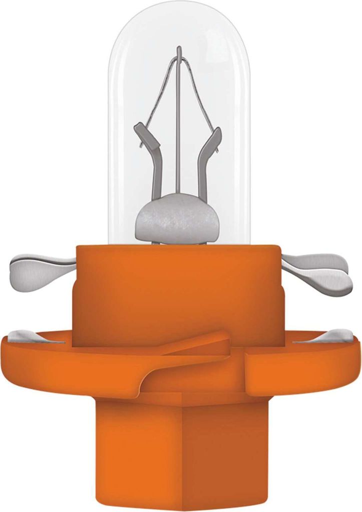 A close-up studio shot of a small, clear glass light bulb with an orange plastic base and metal contacts.