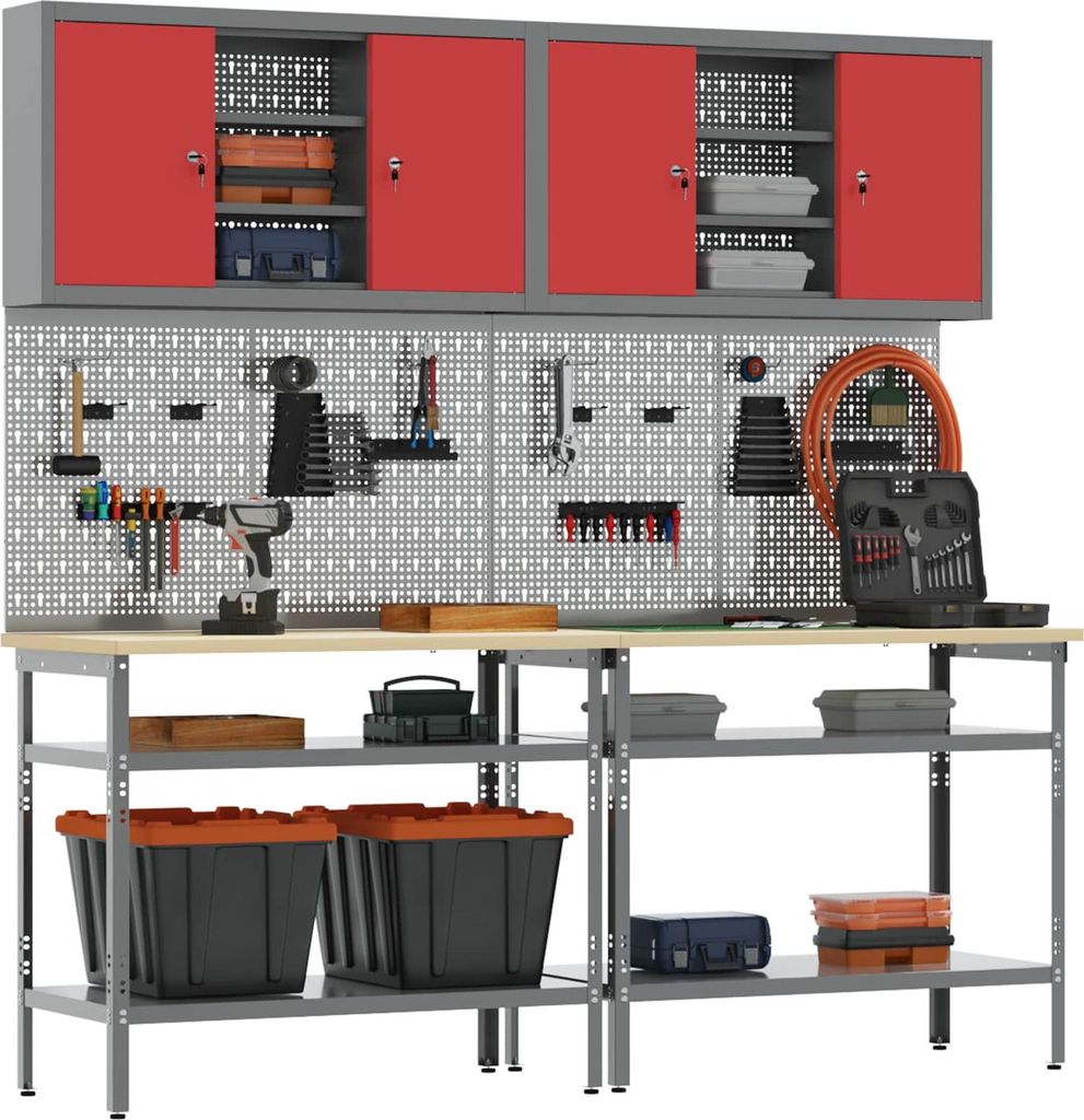 vidaXL Werkbank-Set 8 pcs Rot und Grau Pulverbeschichteter Stahl
