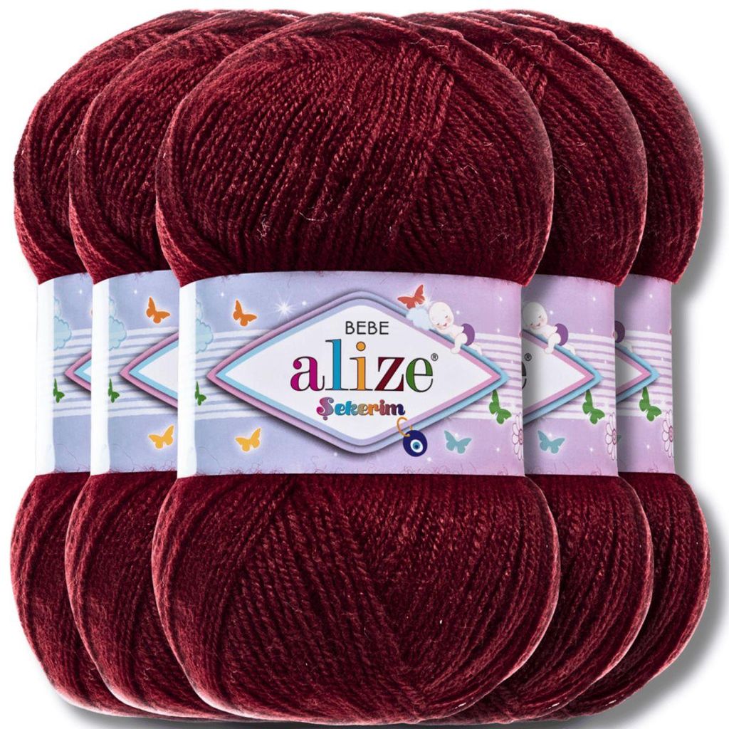 Alize 5x 100g Sekerim Bebe Wolle, Uni, Stricken, Häkeln (Burgundy - 57)