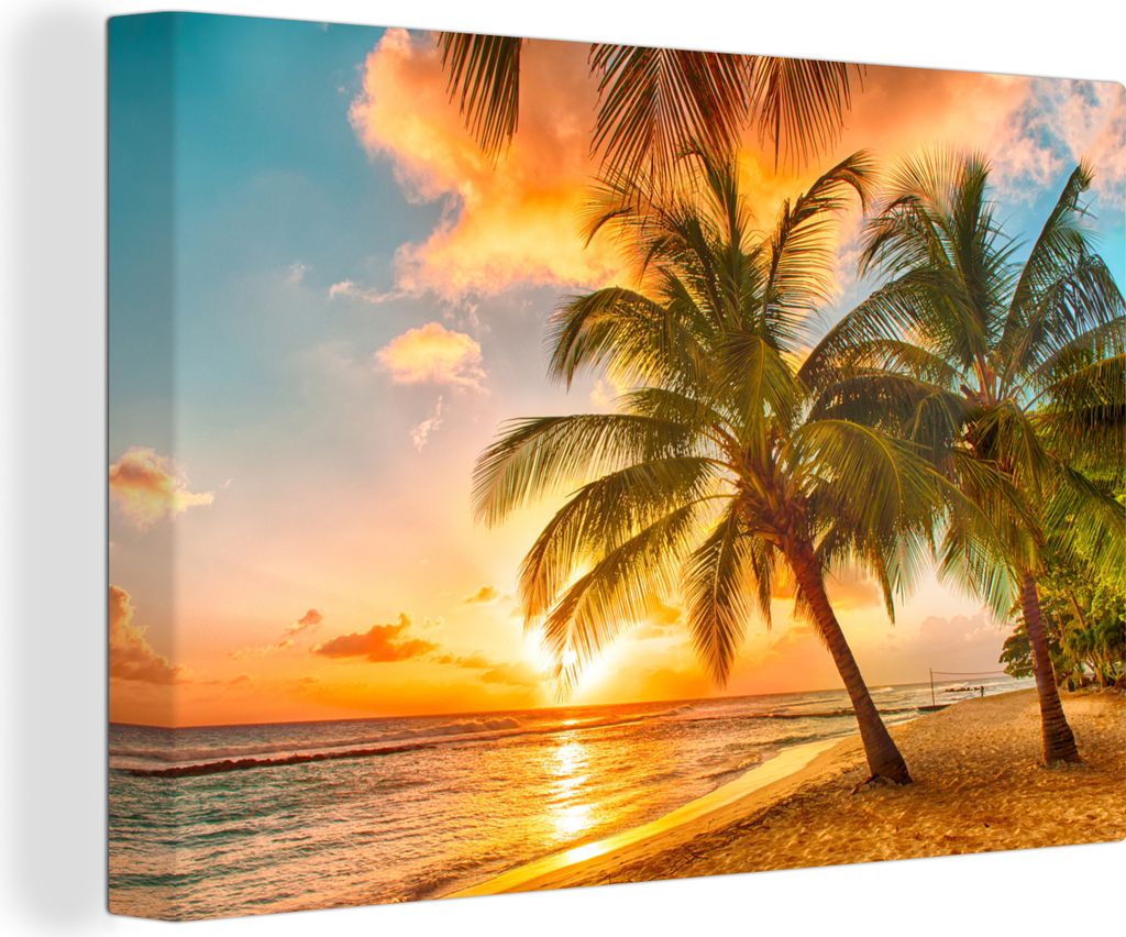 OneMillionCanvasses - Leinwandbilder - 140x90 cm, Sonnenuntergang - Palme - Wolken - Meer - Strand, Wandbilder Kunstdruck Wanddekoration - Foto a...