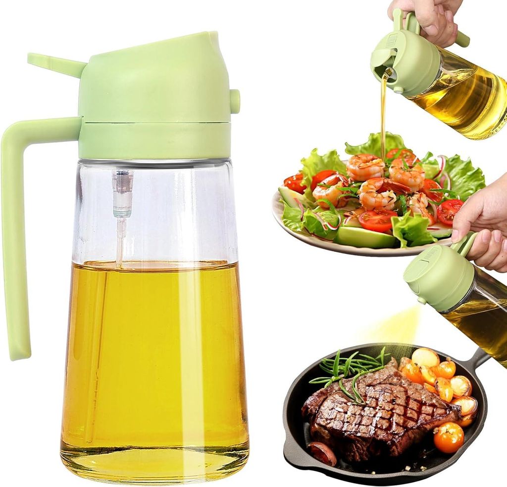 Ölsprüher für Speiseöl, 2 in 1 Multifunktions Ölflasche, 470ml Glas Öl Sprühflasche, Ölflasche Ausgießer und Sprüher, zum Kochen, Grillen...