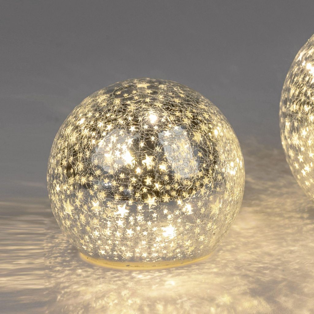 LED Deko-Kugel 12 cm Silber Glaskugel mit Timer 6h/18h - Produktbild 