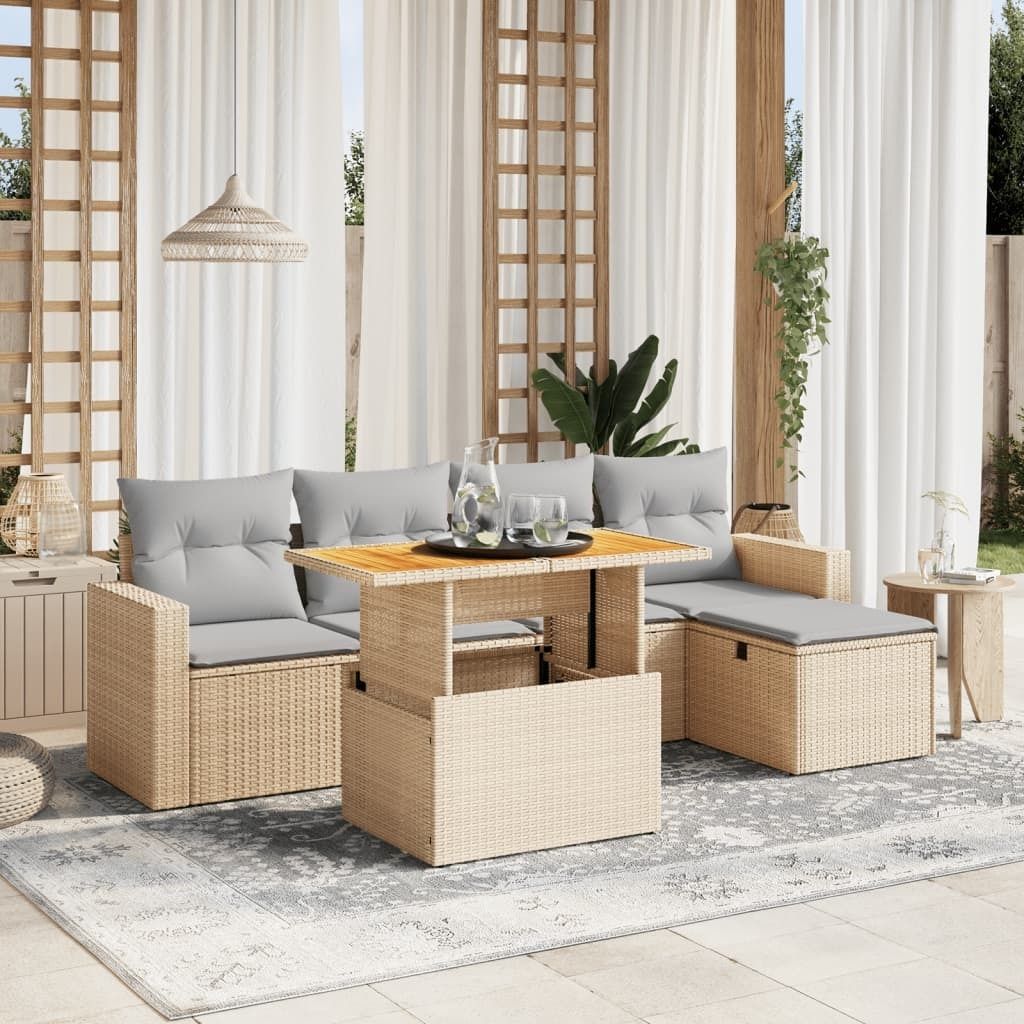 Möbel 6-tlg. Garten-Sofagarnitur mit Kissen Beige Poly Rattan - Gartenmöbelgarnituren 3275586