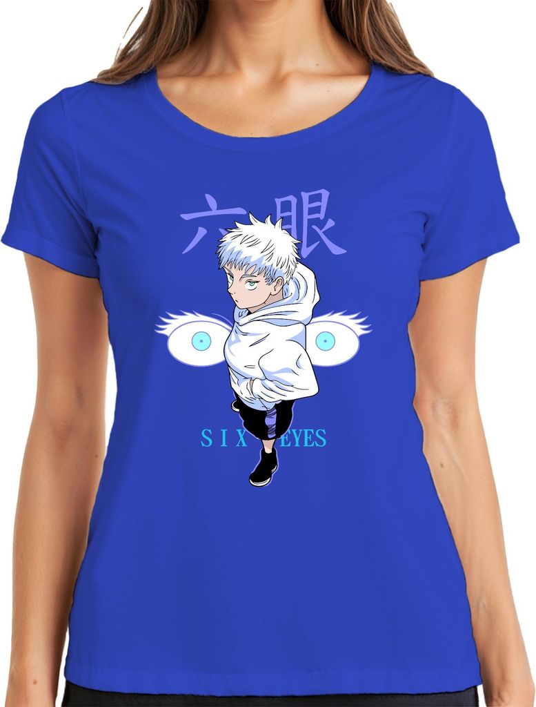 SIX EYES Anime Ästhetik Junge weiße Haare Manga Otaku Geschenk Damen T-Shirt, Blau, S