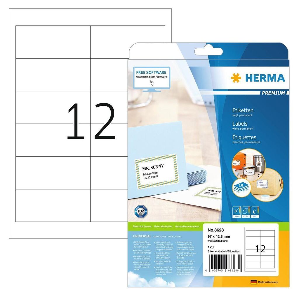 HERMA Etiketten Premium A4 weiß 97x42,3   mm Papier 120 St. Immagine del prodotto 
