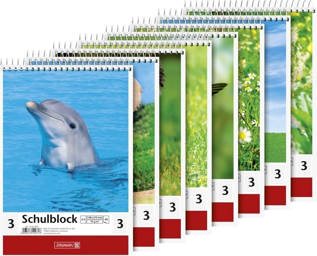Schulblock A5 70g/qm Lineatur 3 mit Spirale 40 Blatt Motive sortiert Packung mit 10 Stück