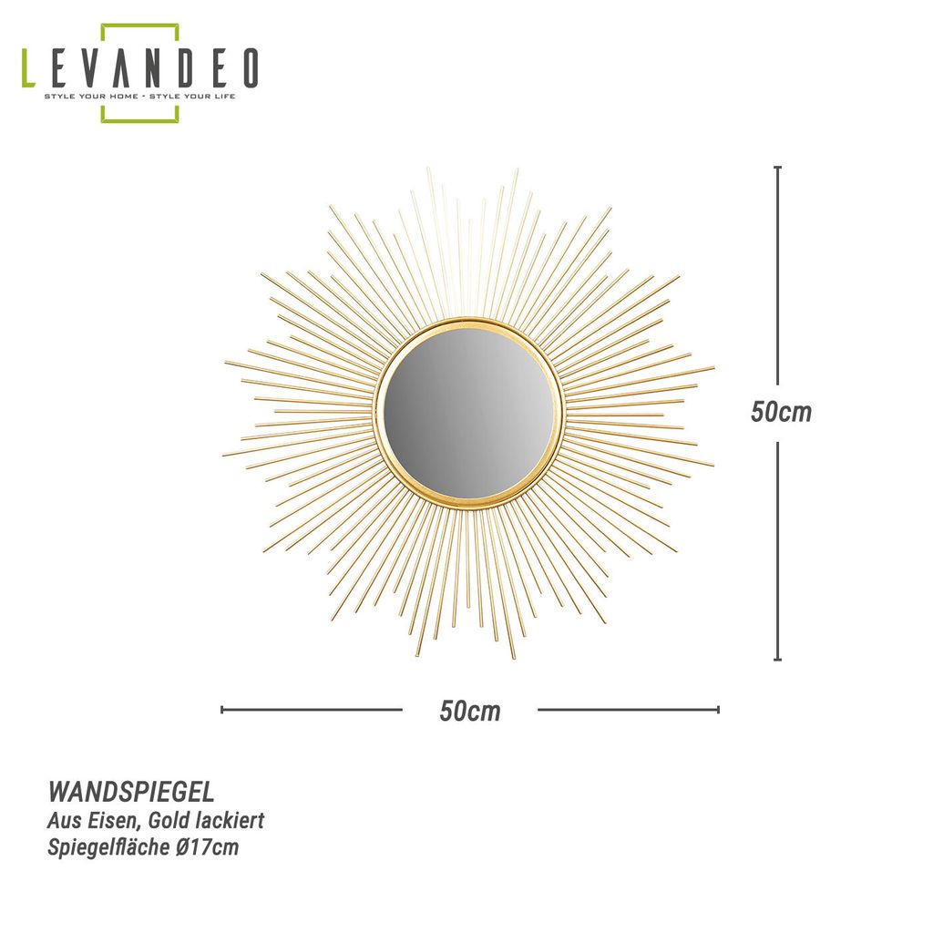 A gold sunburst mirror with dimensions indicated.