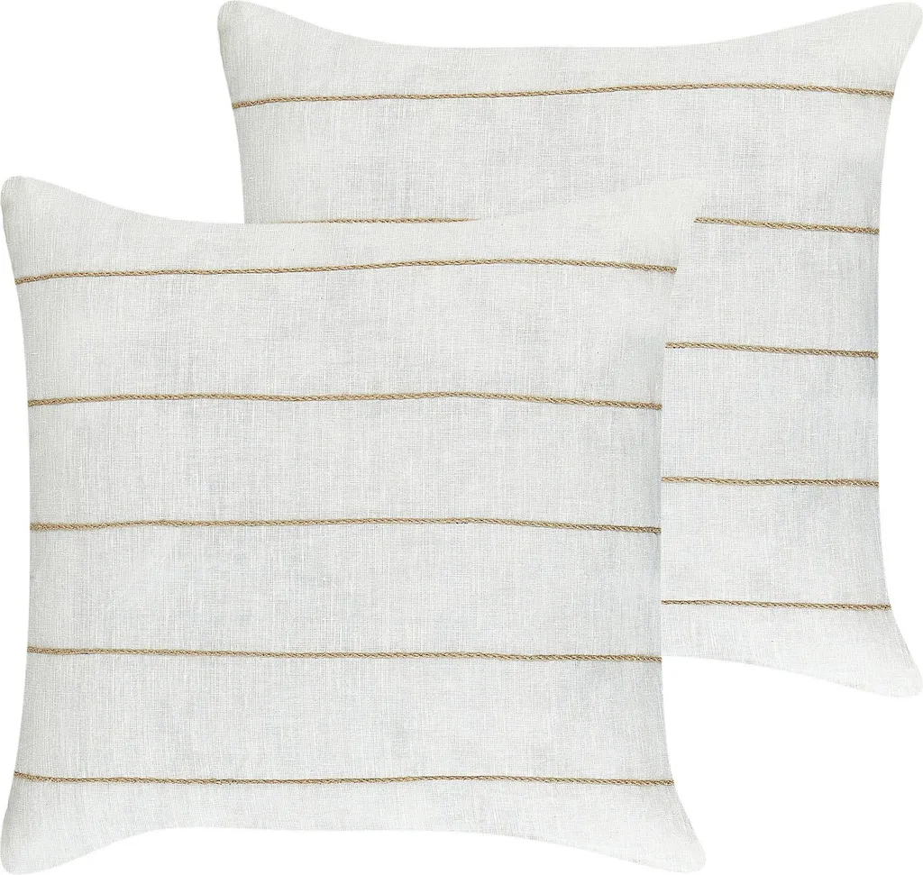 Décoration de salon : lot 2 oreillers 50x50 lin rayé beige pour canapé