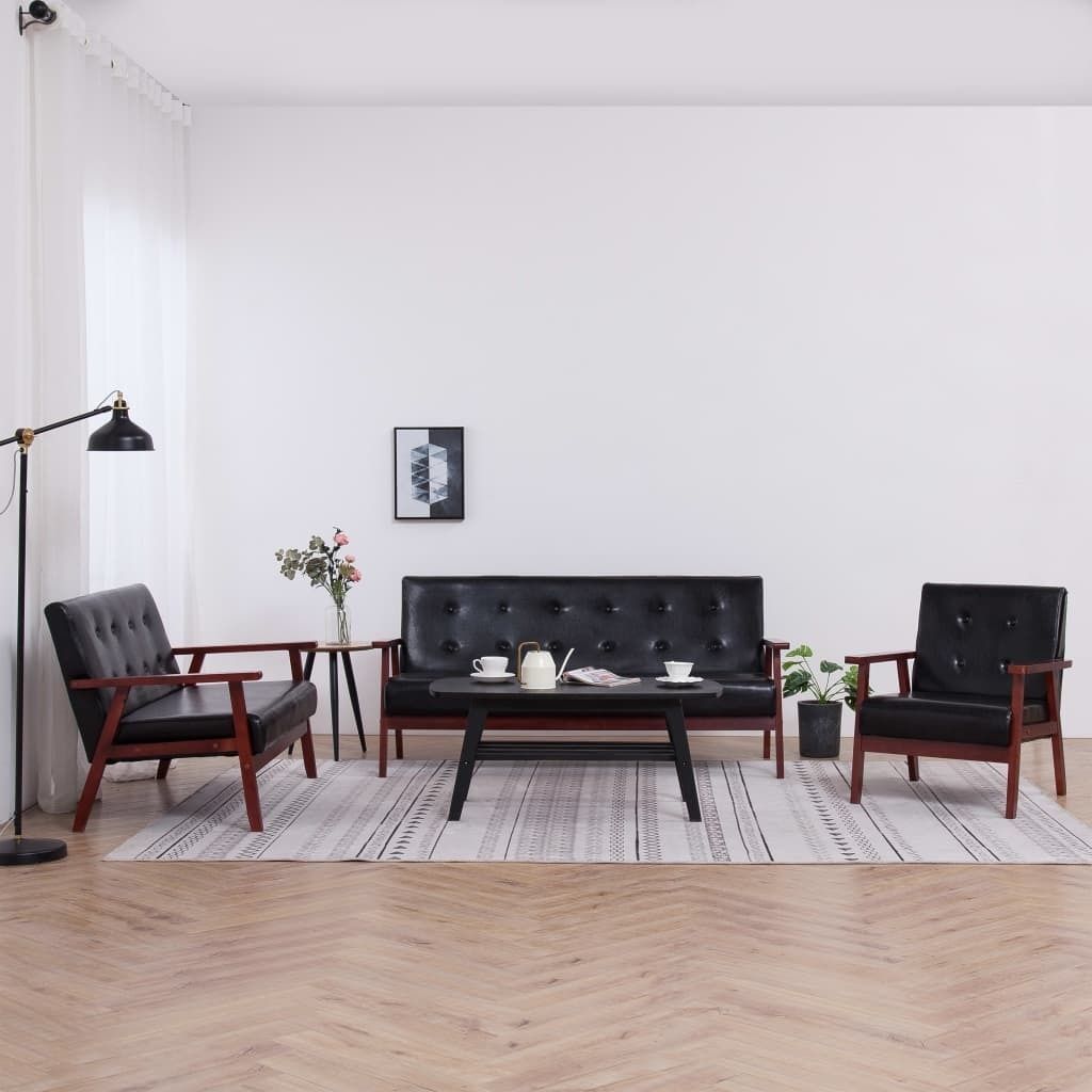 ZMH 3-tlg. Sofagarnitur Schwarz Kunstleder