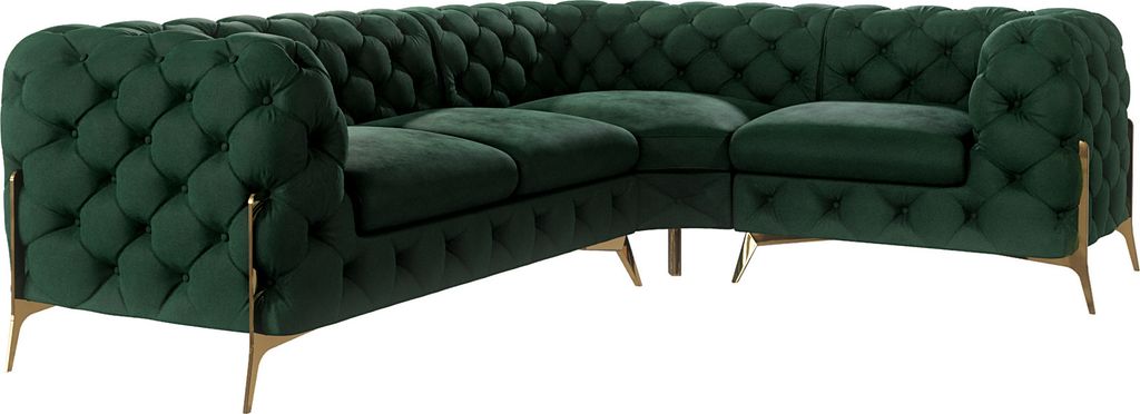 S-STYLE MÖBEL - Chesterfield Ecksofa Nova mit Goldene Metall Füßen aus Flasche Grün - Ottomane rechts, Samtstoff, B/T/H: 264 cm / 204 cm / 75 cm