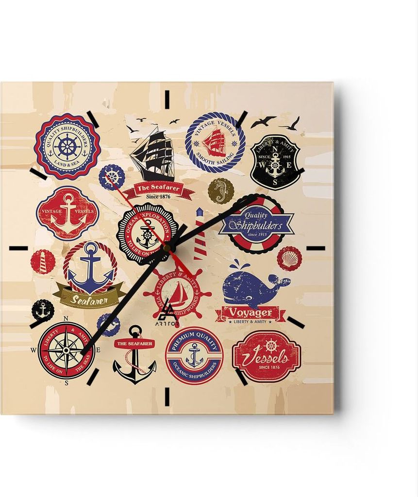 Wanduhr - Quadrat - Glasuhr - Anker Fahne Abzeichen Boot - 30x30cm - Schleichendes Uhrwerk - Lautlos - zum Aufhängen bereit - Dekoration Modern - ...