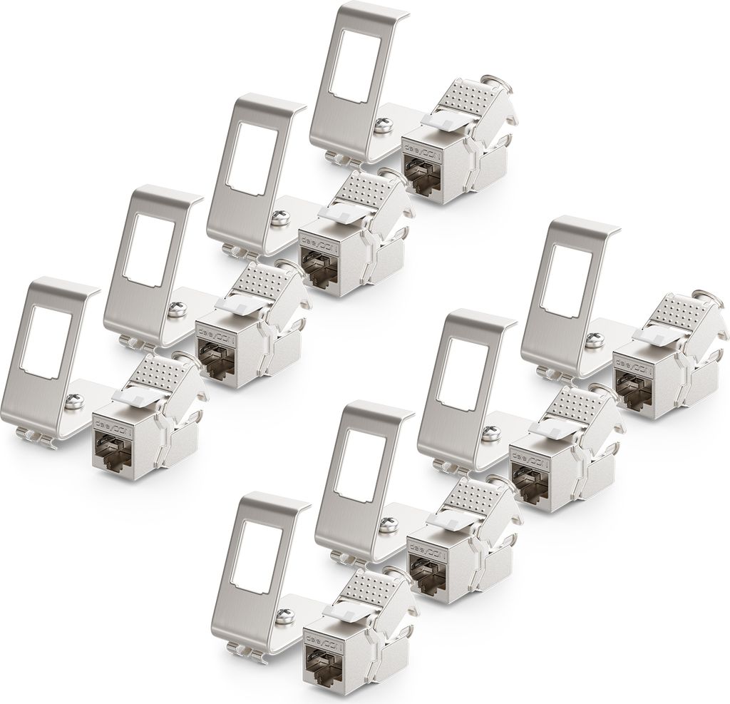 deleyCON 8x CAT6a Keystone Jack Modul mit 8x 1-Port Hutschienenadapter als Set Metall STP Schirmung RJ45 Buchse 10 Gbit/s Netzwerk Snap-In Montage ...