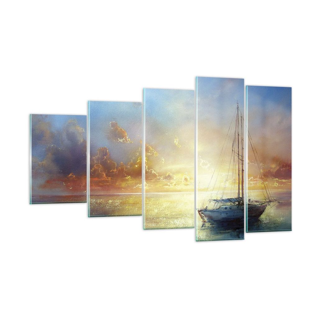 Bilder auf glas - 5 Teile - Segelboot Westen die Sonne - 100x60cm - Glasbilder - Wandbilder - Bilder - zum Aufhängen bereit - Wanddekoration aus G...