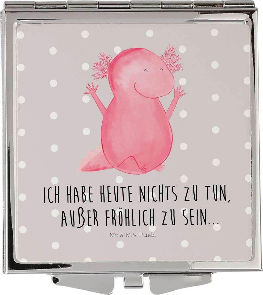 Mr. & Mrs. Panda Kosmetikspiegel Axolotl Hurra - Grau Pastell - Geschenk, Freude, Spaß, Frauen Spiegel, Schminkspiegel, Quadratischer, Kleiner, Ha...