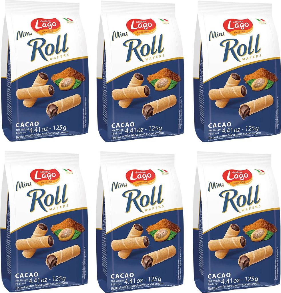 6x Gastone Lago Mini Roll Cacao Waffelröllchen Waffelpad Wafer gefüllt mit Kakaocreme 125g
