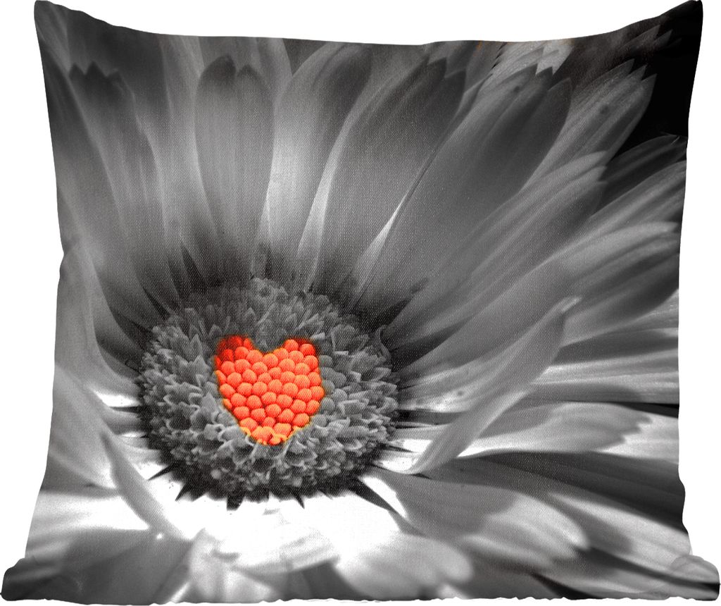 MuchoWow Zierkissen Sofakissen Wohnzimmer Dekokissen 40x40 cm Schwarz-Weiß-Foto einer Ringelblume mit einem roten Herz - Foto Kissen - Schlafzim...