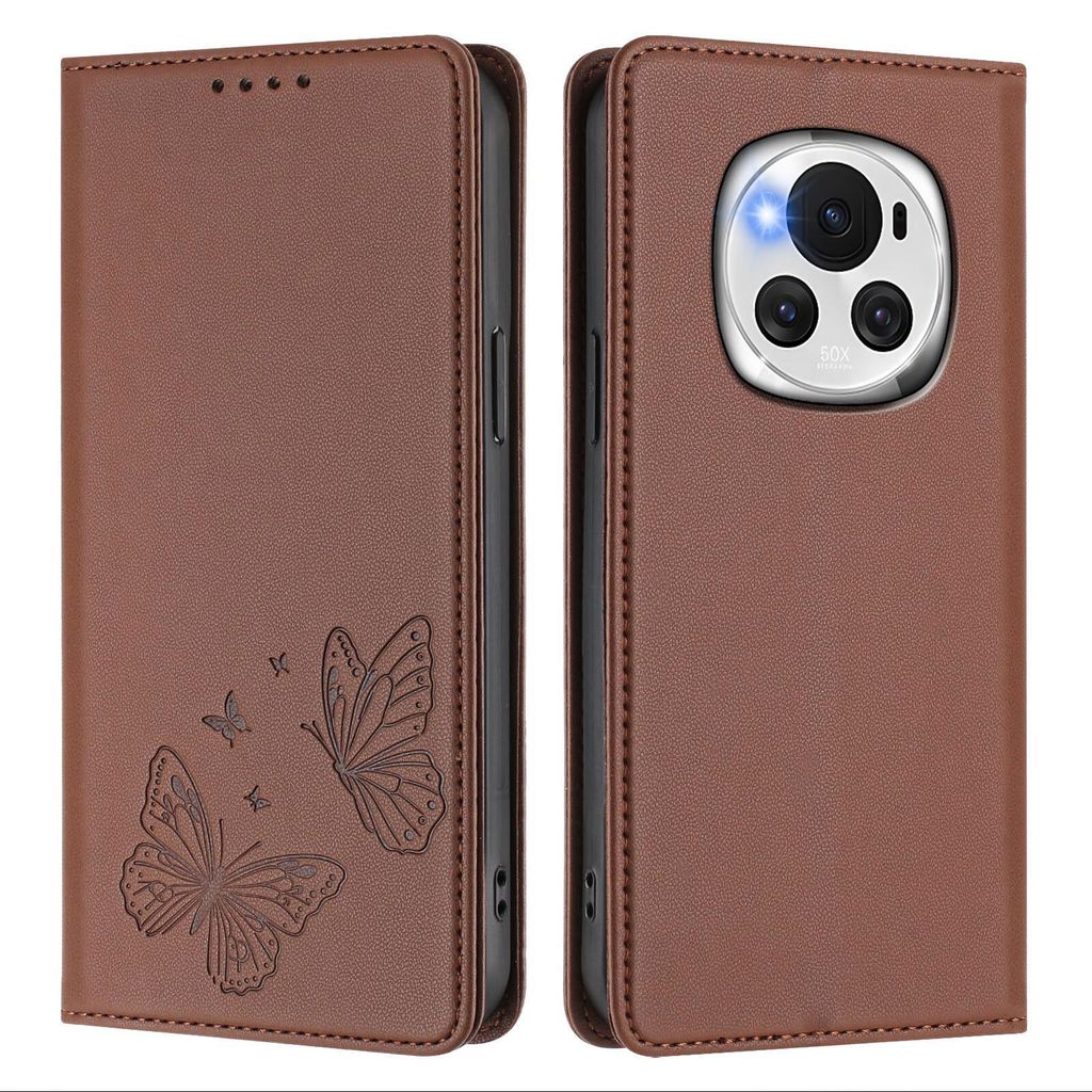 Lederhülle für Honor Magic6, Schmetterling Prägung Leder Brieftasche Schutzhülle mit Ständer Braun