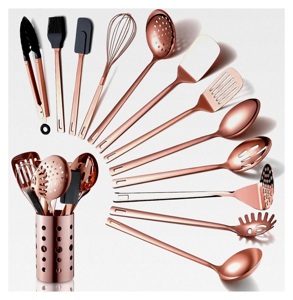 Küchenutensilien-Set aus Kupfer, 13-teiliges Kochgeschirr aus Edelstahl mit Titan-Roségold-Beschichtung und Utensilienhalter für Antihaft-Kochge...