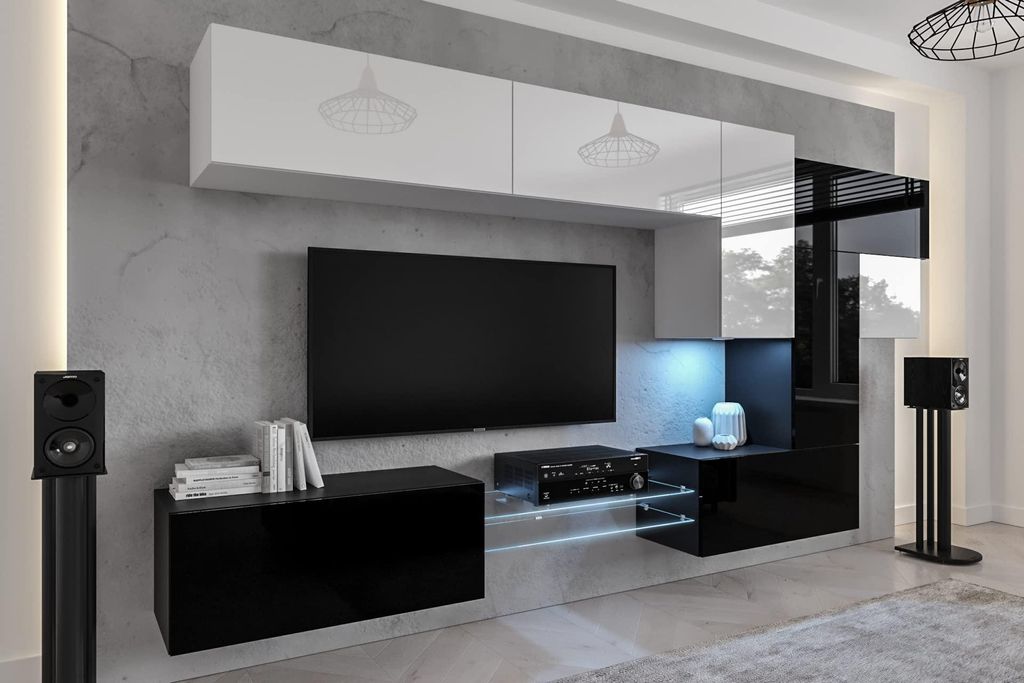 Furnitech Wohnwand Wohnzimmer - Hängend Wohnwand Modern - Regale und TV Schrank - Wohnzimmer Möbel ohne LED (AN92NEW-21WB-HG3)