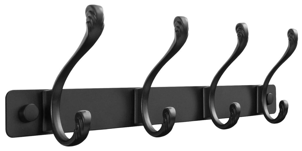 Schwarze Metall-Garderobenhaken – Wandgarderobe mit 4 Doppelhaken – Gebogene Garderobe für Jacken, Mäntel und Taschen – Hakenleiste für Kl...