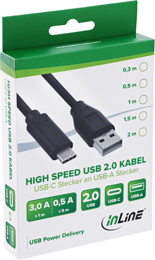 InLine USB 2.0 Kabel, USB-C Stecker an A Stecker, schwarz, 2m, 2 m, USB C, USB A, USB 2.0, Stecker/Stecker, Schwarz