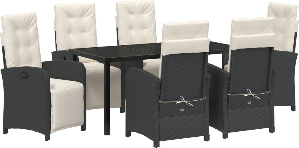 Möbel 7-teiliges Garten-Essset mit Kissen Schwarz Poly-Rattan, Gartentisch Schwarz 160x80x73 cm Sicherheitsglas - Gartenstühle 3380306