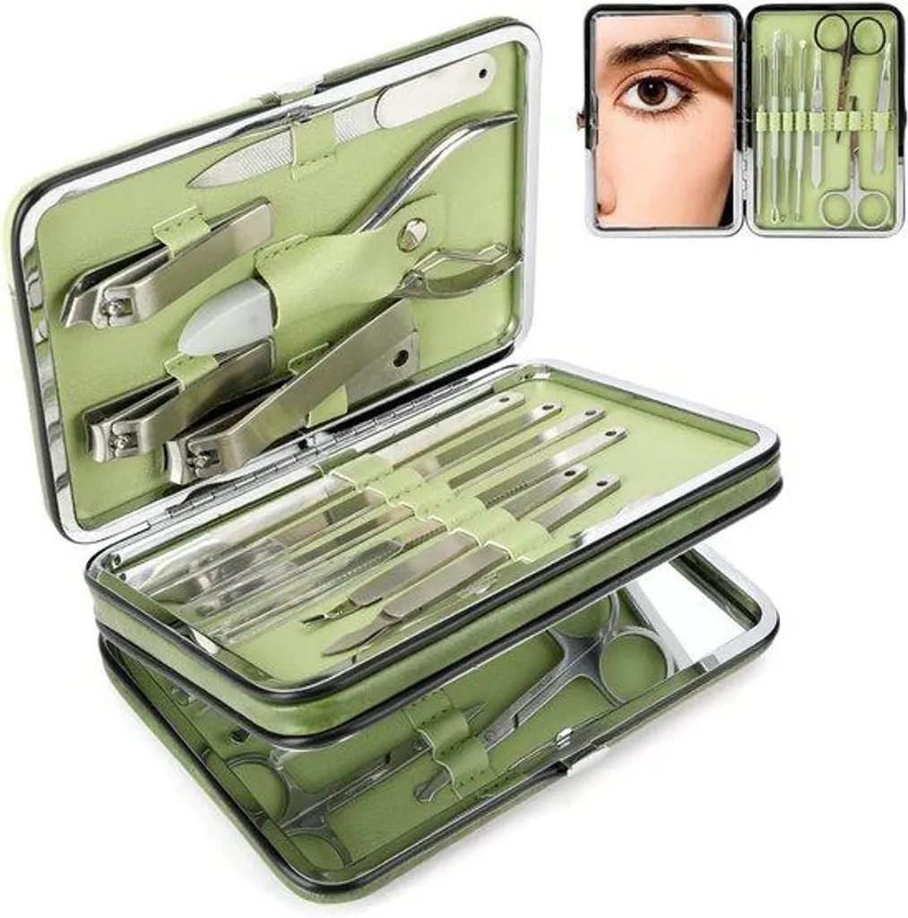Set de manucure 21 pièces en acier inoxydable avec étui en cuir vert