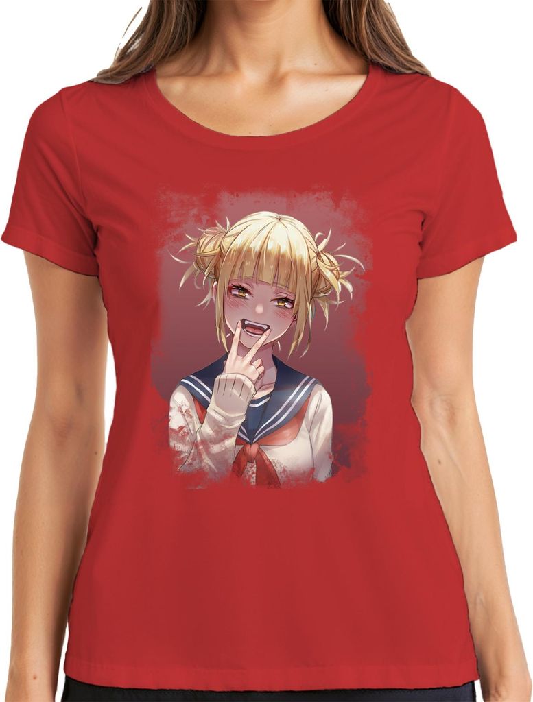 Himiko Toga Schulmädchen Seifuku Yandere Manga Porträt Vampir Damen T-Shirt, Rot, XL