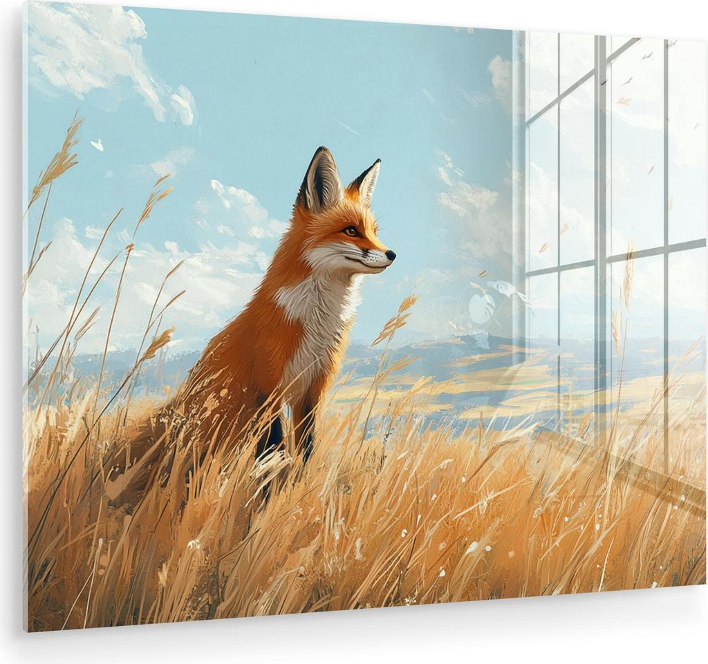 MuchoWow Glasbilder - Bilder auf Wandbild - Foto auf Glas Fuchs - Gras - Wolken - Orange 80x60 cm Wanddekoration aus Glas - Acrylglasbild - Acrylbi...