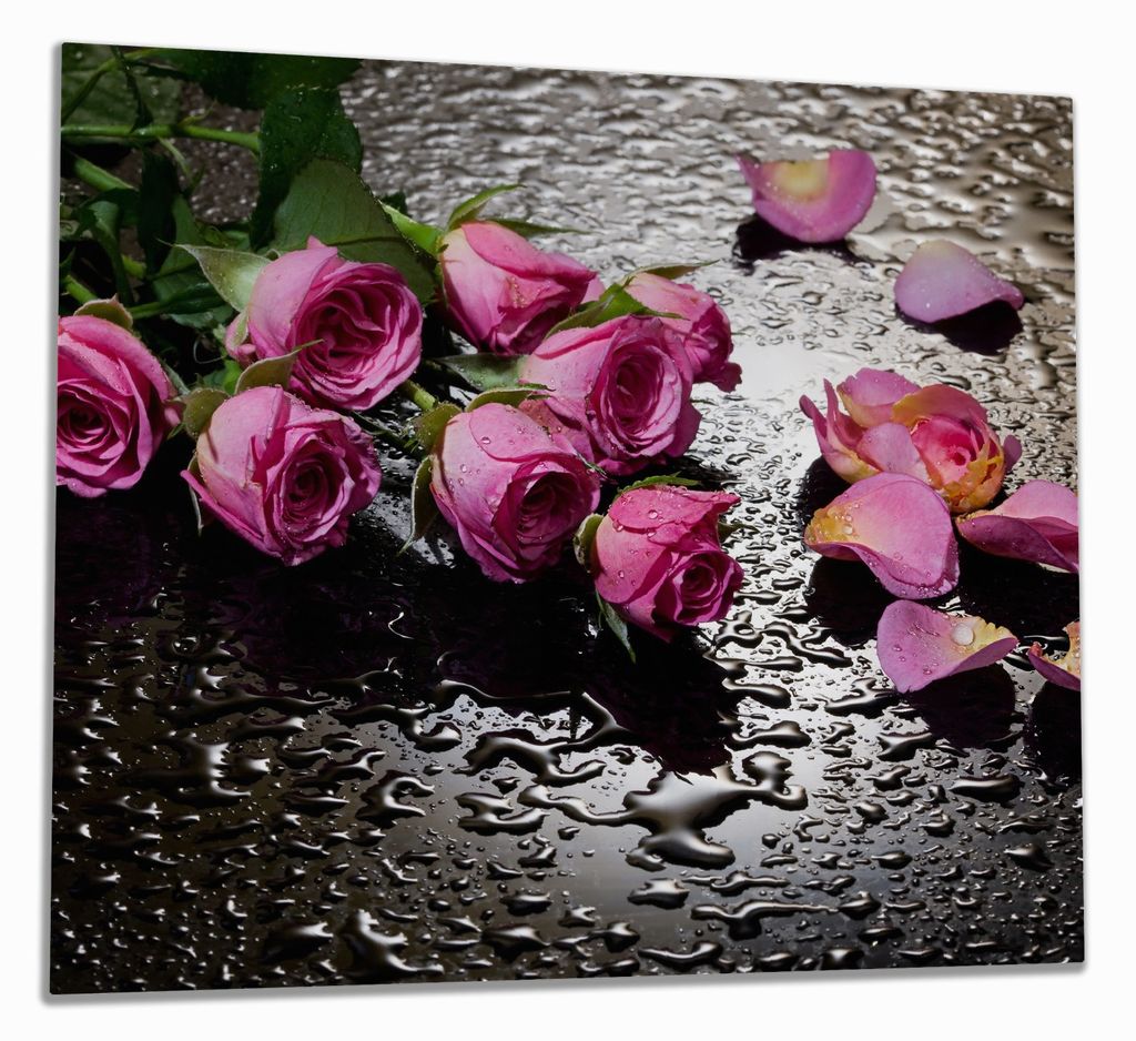 Wallario Herdabdeckplatte aus Glas, Größe 60 x 52 cm 1-teilig, Motiv Pinke Rosen mit Wassertropfen