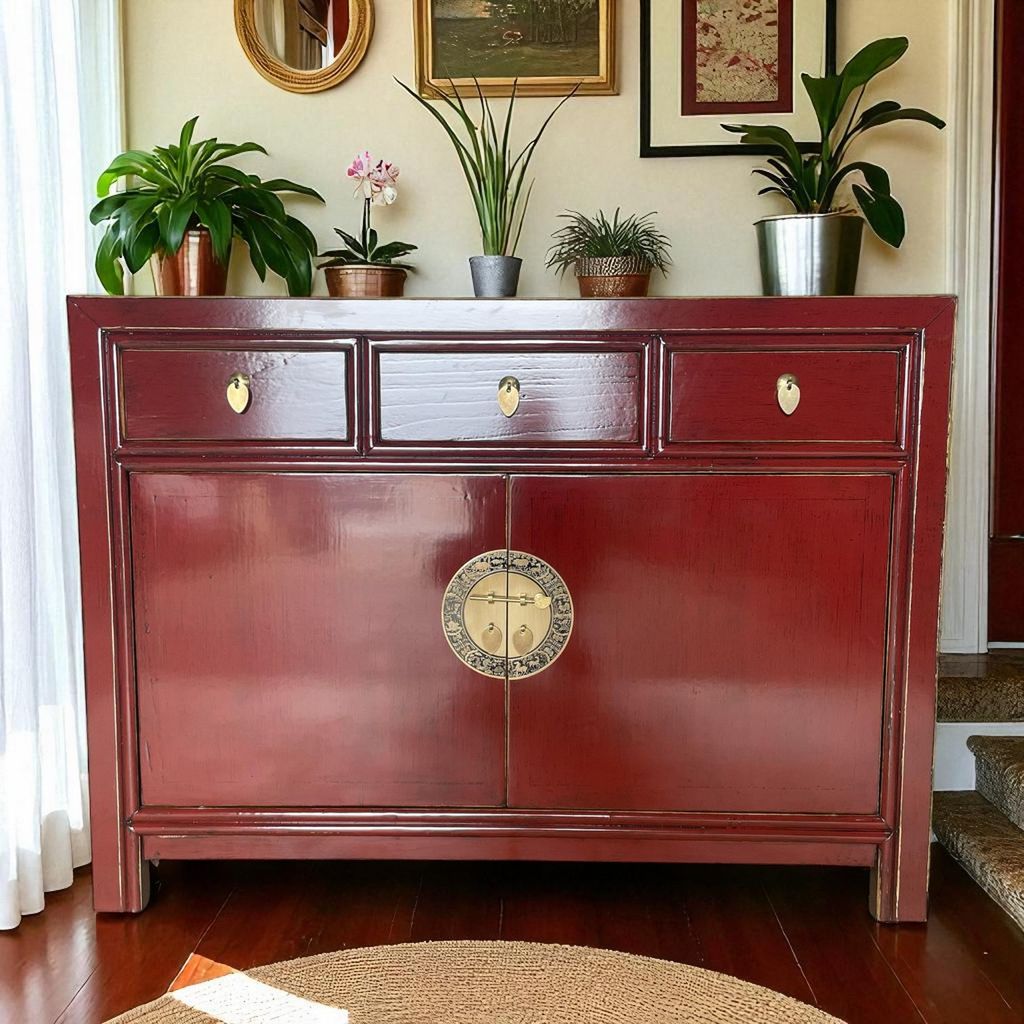 OPIUM OUTLET Chinesische Kommode Asia Sideboard orientalischer Schrank asiatische Vintage Möbel Anrichte Hochzeitsschrank komplett montiert rot
