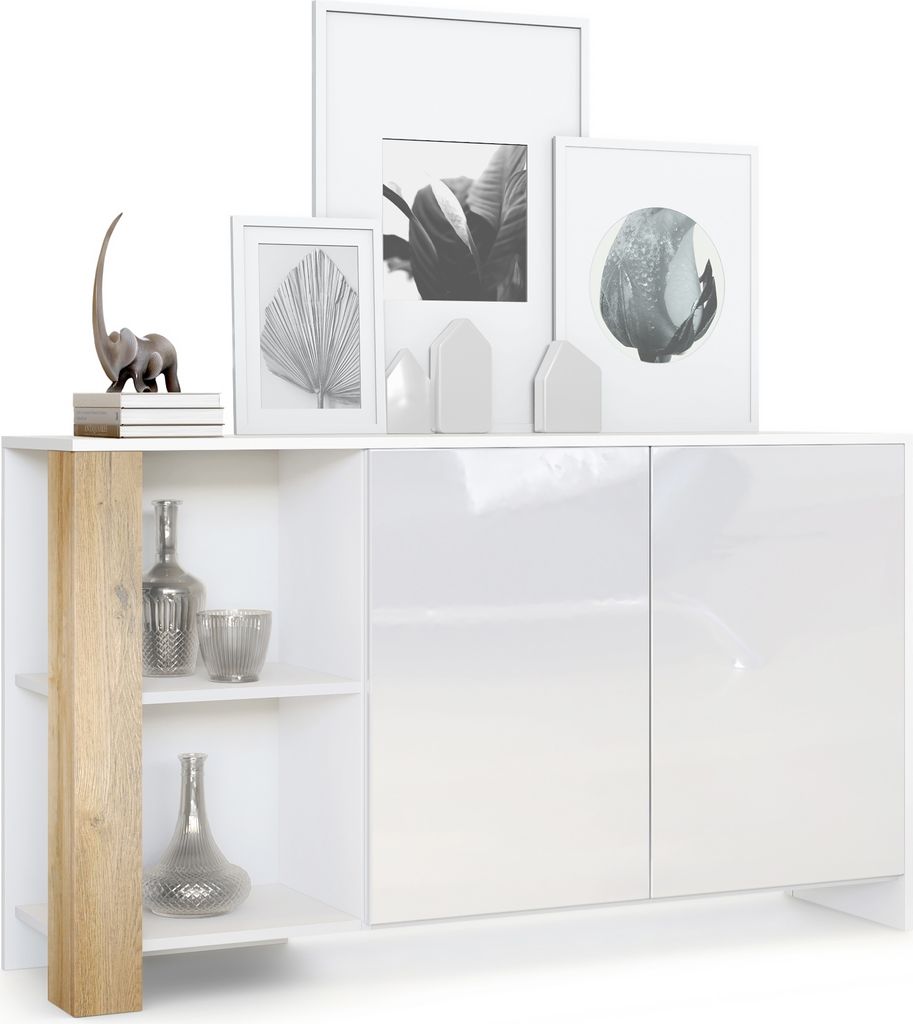 Vladon Sideboard Canto, Germany, lange Anrichte mit 2 Türen und 6 Fächern, Korpus Weiß matt, Fronten Weiß Hochglanz, Nachbildung-Paneele Eiche ...
